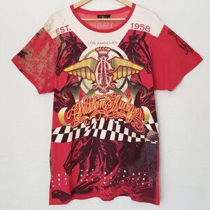 Christian Audigier Men's XXL Red Rhinestone Stud Los Angeles Tee T Shirt Red Y2K
